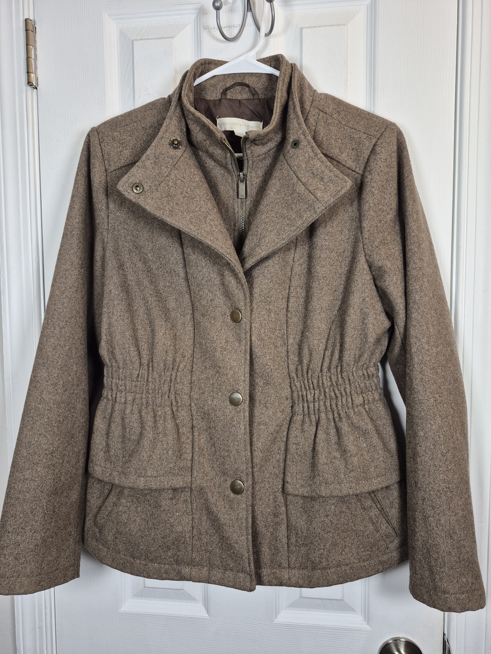 New York & Company Wool Blend Cinch Waist Military Pea Coat Jacket Brown M